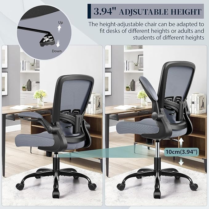 FelixKing Office Chair, Ergonomic Comfy Desk Chair with Flip-up Armrests | Adjustable Height, 360°Swivel, Flexible Tilt, Breathable Cushion and Fabric, Lumbar Support for Home Office, Dark Grey