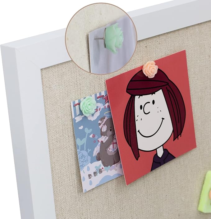 AKTOP Cork Board Bulletin Board with Linen 16.7" X 11", Small Framed Corkboard for Wall, Hanging Pin Board Picture Board for Home Office Decor, Cute Vision Board with 8 Pushpins (Vintage White)