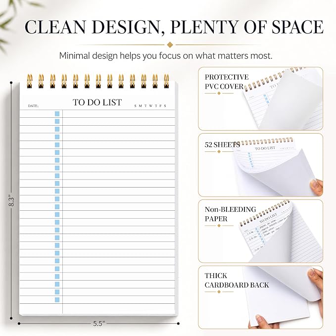 To Do List Notepad, Undated Daily Planner Notepad, A5 (5.5" x 8.3"), Blue | To Do List Notebook, Checklist Planner, Waterproof Spiral Notepad, for Work, Office Supplies, School Planner, 52 Sheets/Pack