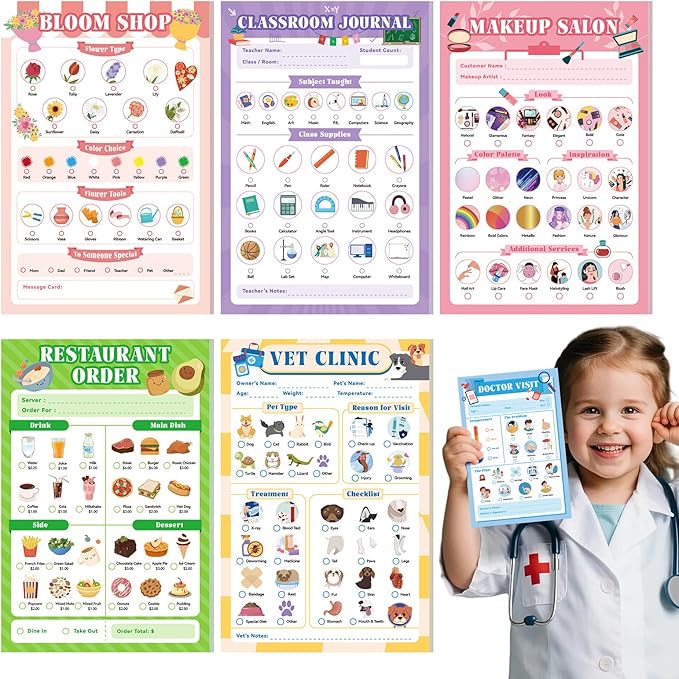6 Pack Kids Pretend Play Notepads, 40 Pages Kids Playtime Pads, 4'' x 6'' Girls Theme Imaginative Role Play Activity Pads