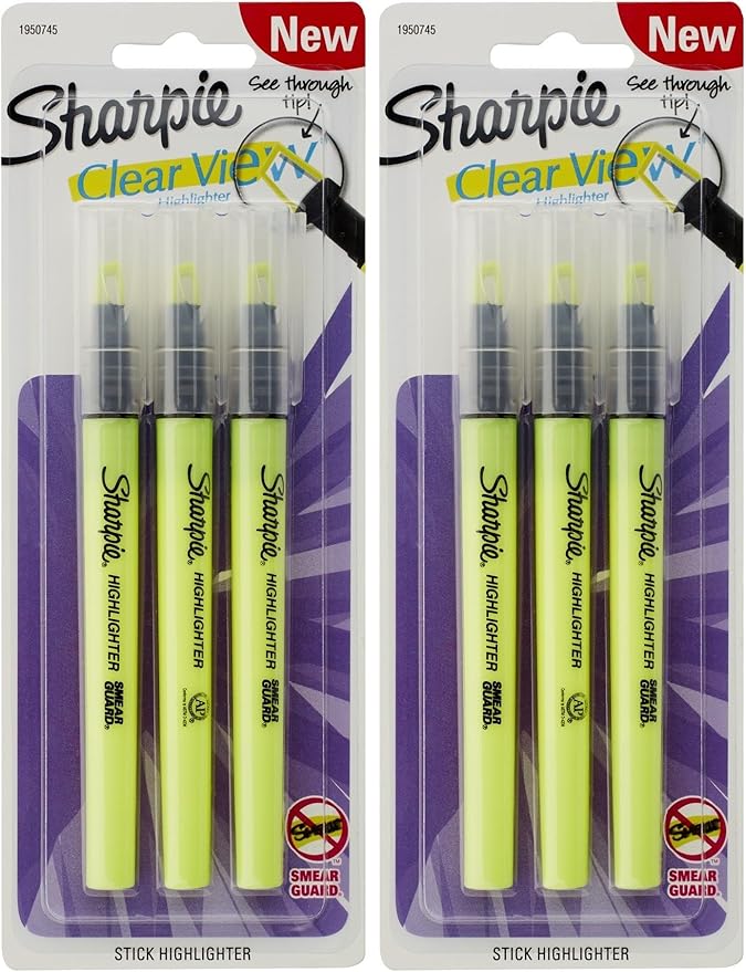 SHARPIE Clear View Highlighter Stick, Yellow, 3/Pack (1950745) (Pack of 2)