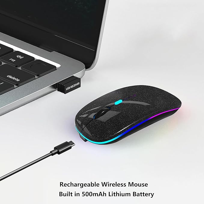 Wireless Bluetooth Mouse Rechargeable Laptop Mice with LED Lights Silent Slim Use(BT5.2 and 2.4G Portable USB Receiver)Dual Mode Computer Mouse for Laptop/iPad/Tablet/Apple/PC/Mac(Pearl Black)