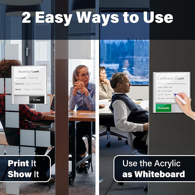 Conference Room Door Sign with Slider – Office Door Sign for Meeting Room, Writable Whiteboard Panel, DIY Custom Insert Options, In Use Available, Self-Adhesive Mount（Rounded Edges）