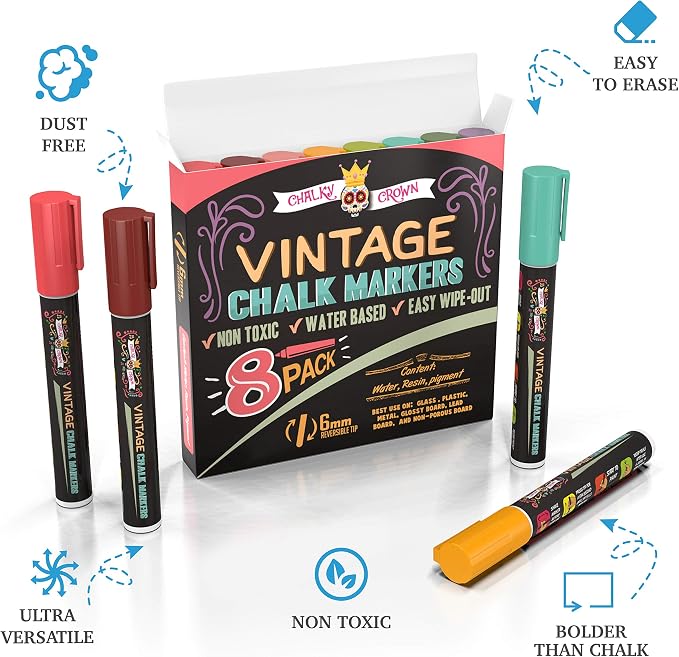 CHALKY CROWN Liquid Chalk Markers - Vintage Colors - 8 Pack, 6mm | Unique Vintage Color Palette for Glass, Signs & Chalkboards - Reversible 6mm Chisel & Bullet Tip - Easy Wet Wipe Clean