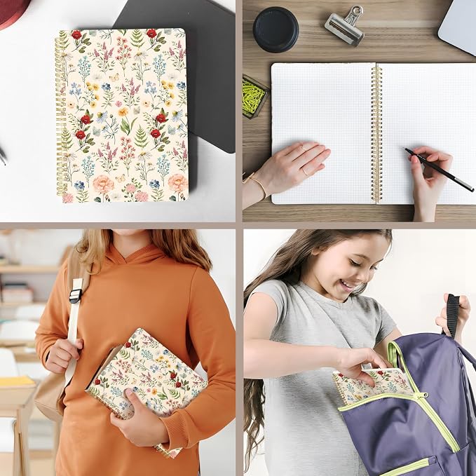 Cute Spiral Notebook journal A4 Aesthetic Pretty Design for Women Girls Kawaii with Pocket, 8.5 x 11 inch, Graph, Plant Flower