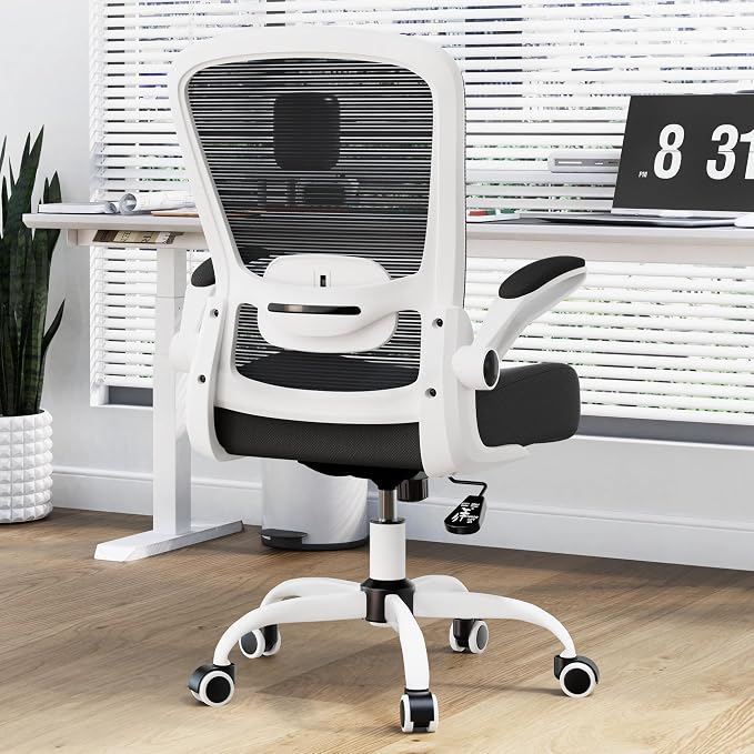 Mimoglad Ergonomic Office Chair - Desk Chair with Flip-up Armrests & 135° Recline, Adjustable Lumbar Support - Space-Saving Task Chair for Business/Team Office & Home (White Frame-Black, 300lbs) | Supports 300 lbs · Seat 19.48"–23.4" · Breathable mesh ...