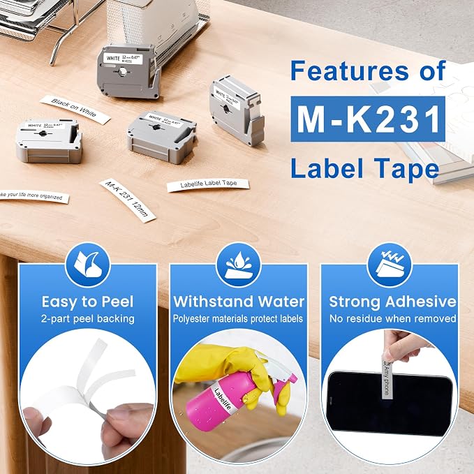 10 Pack Labelife M-K231s Label Tape Replace for Brother P Touch M Tape | M-K231 MK231 M-231 12mm 0.47 1/2 Refills Compatible with Brother Ptouch PT-M95 PT-80 PT-70 PT-65 PT-45 Label Makers