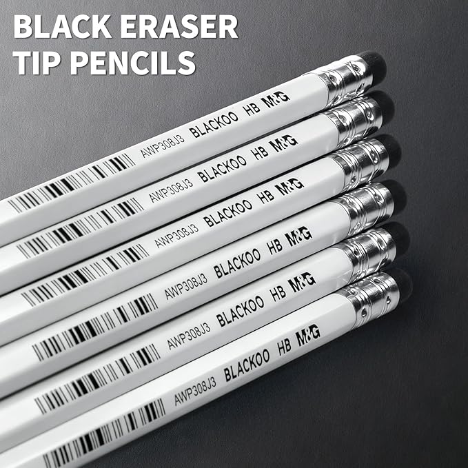 M&G BLACKOO Series HB Wood-Cased Pencils, 24-Pack Pre-Sharpened with Top Erasers, Bulk Black Pencils for School, Teachers, Writing, Drawing and Sketching (White)