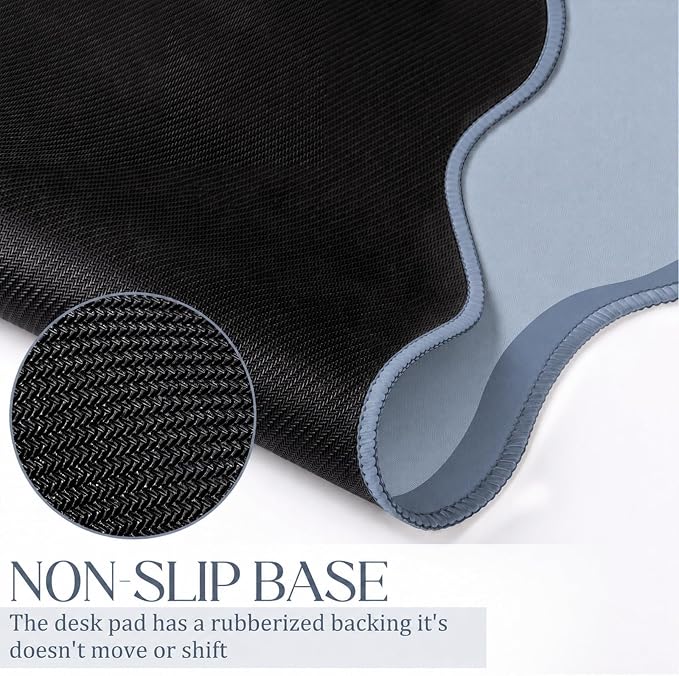 Hahafelt Scalloped Desk Mat Waterproof,Dusty Blue,31.5 X 15.8 Inches | Coquette Preppy Style for School Office Makeup Vanity, Nonslip Gaming Desktop Protector with Scalloped Stitched Edge Mat