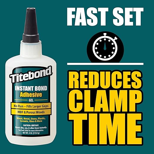 Titebond Instant Bond Gel CA Super Glue – Ethyl Cyanoacrylate Adhesive for Wood, MDF, Odd-Shaped Surfaces & Cabinetry, 20-30 Second Set – 4 Oz. 6232