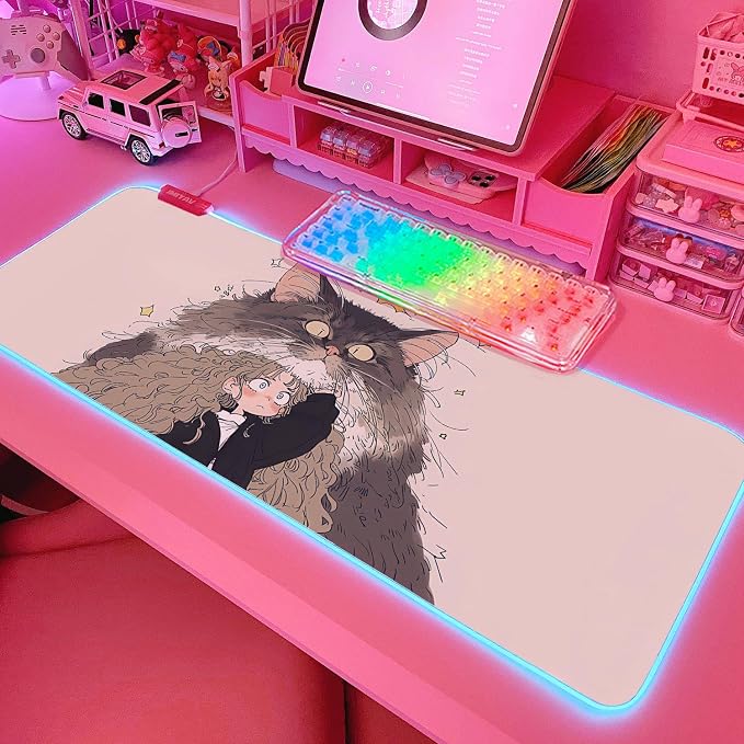 JMIYAV Pink RGB Gaming Mouse Pad 31.5x12 Inch PC XL Large Extended Glowing Led Light Up Desk Pad Non-Slip Rubber Base Computer Cute Mousepad Mat Desk Accessories Gaming Setup Fuzzy Shelter