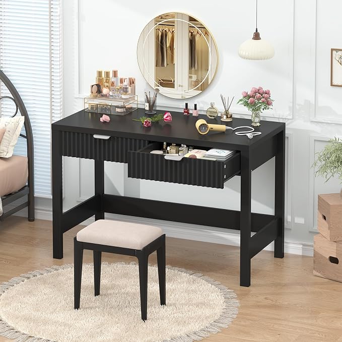 39 Inch Small Fluted Computer Desk with 2 Drawers for Bedroom, Home Office | Small Computer Desk with Storage, Compact Writing Study Desk for Small Spaces, Black
