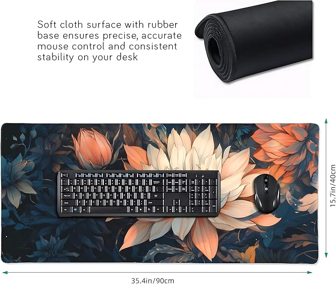 Floral Aesthetic Lotus Gaming Mouse Pad, Blue Pink Japanese Desk Mat with Anti-Slip Base & Stitched Edges, Office Supplies & Desk Decor for Women, 35.4" x 15.7" in Home Office Essentials