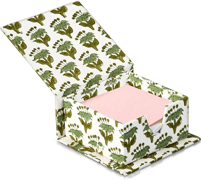 CPC Emerald Green Block Print Cotton Desk Organizer Sticky Note Holder | Cute, Aesthetic, Decor Accessories, Workspace Organizers, Caddy Storage, Gift for Office, Professionals, Student