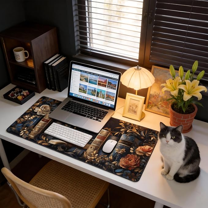 Floral Aesthetic Book Gaming Mouse Pad, Black Gold Baroque Desk Mat with Anti-Slip Base & Stitched Edges, Computer Keyboard & Laptop Pad, 35.4" x 15.7" in in Workstation Accessories