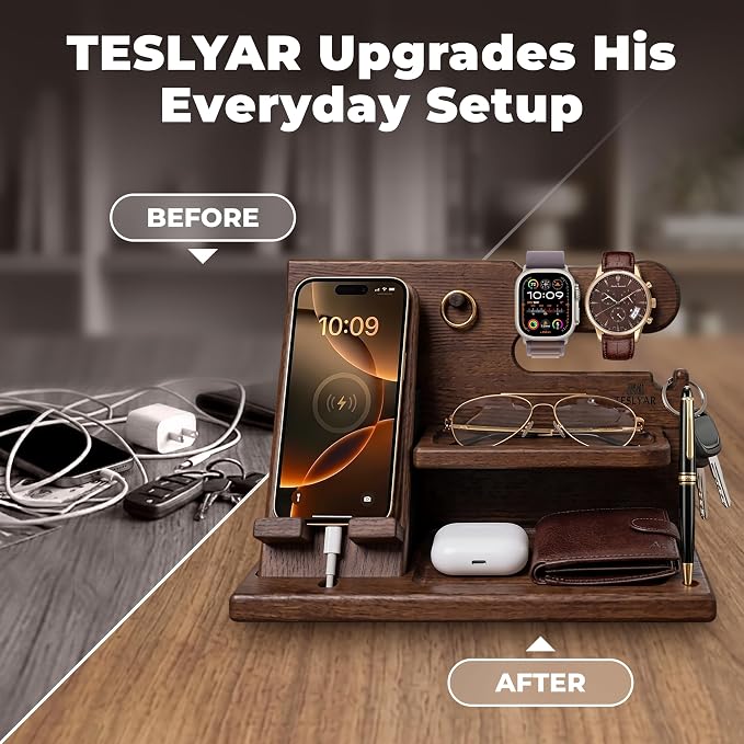 TESLYAR Wood Phone Docking Station for Men - Desk or Nightstand Organizer - Birthday Gifts for Husband, Dad - Anniversary Idea from Wife - Key Holder, Stand Wallet, Watch & Essentials (Bourbon Brown) | Mens Bedside Organiser with Key Holder, Wallet & W...