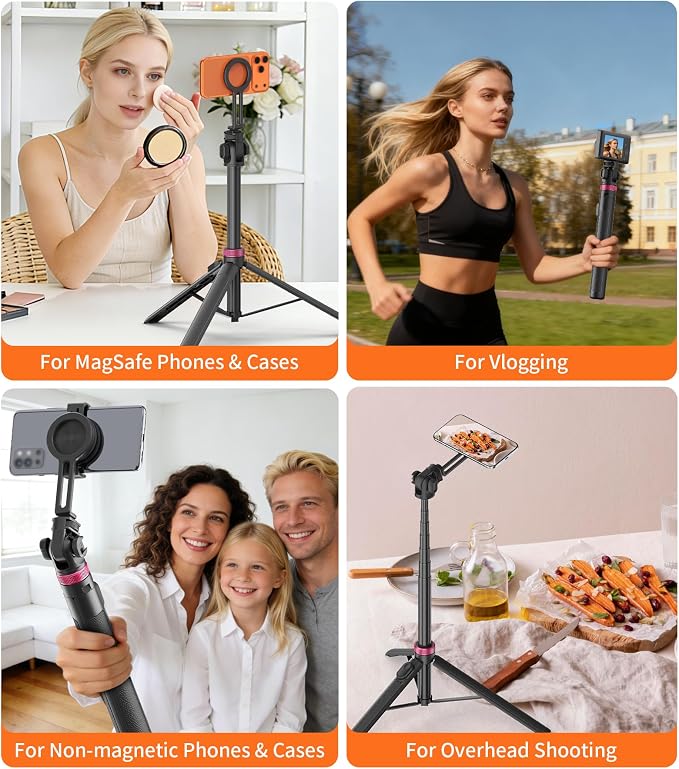 69" Magnetic Phone Tripod Stand Selfie Stick with Remote & Phone Mount | Portable Stand holder Rechargeable with Tripod Leg，360°Rotatable Travel Tripod Compatible for iPhone/Android/Magsafe