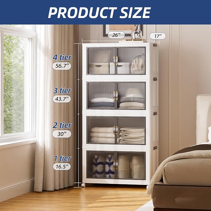 SAILUN 464Qt Stackable Storage Bins,Storage Cabinet with a Lid,4 Pack White | Stackable Storage Drawers with Lids,26" W x 17" D x 56.7" H,Featuring open-front Access for Clothes and Closet Storage