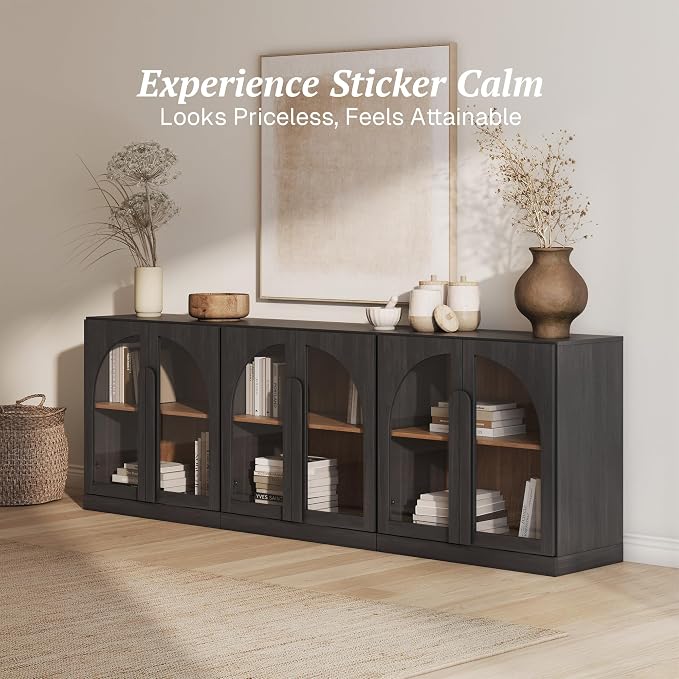 BELLEZE 2 Tier Bookshelf with Arched Glass Door, Set of 3 Modern Display Bookcase Shelf with Storage and Adjustable Shelves, 94" Wood Bookshelves for Living Room Office Entryway (Ebony)