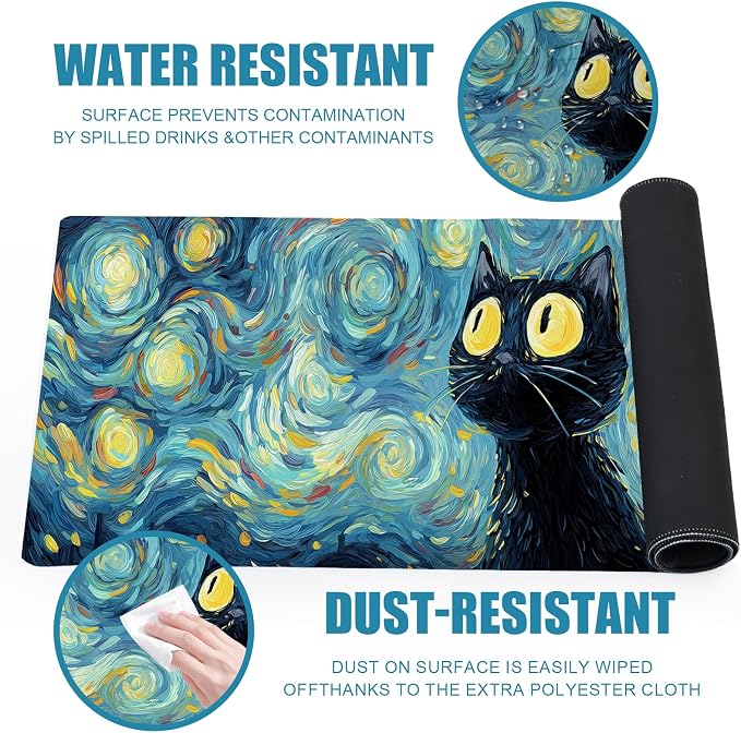 Gaming Mouse Pad, Big Cute Mousepad, XL Large Extended Desk Mat with Non-Slip Rubber Base, Laptop Desk Pad, Computer Keyboard Mat Office&Home, 31.5x11.8in, Starry Night Black Cat