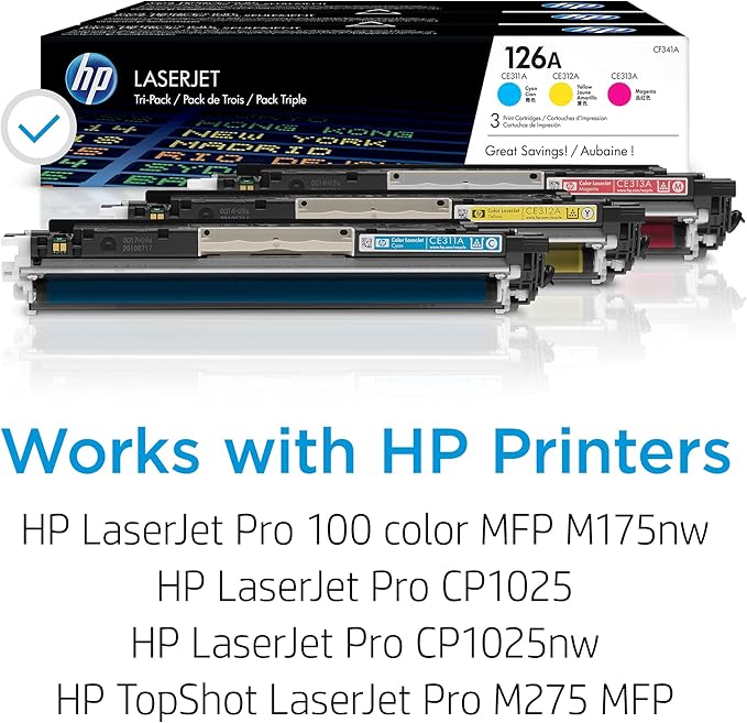 HP Original 126A Cyan, Magenta, Yellow Toner Cartridges (3-Pack) | Works Laserjet Pro 100 Color MFP M175 Series, Laserjet Pro CP1025 Series, TopShot Laserjet Pro M275 MFP Series | CF341A