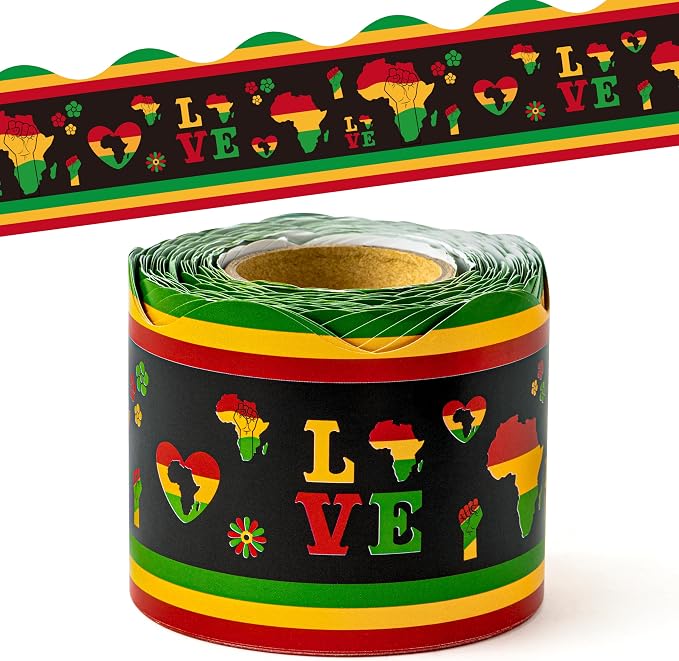 BeYumi Kwanzaa Bulletin Border Trim - 65ft Back to School Juneteenth Scalloped Rolled Border Trim African American Holiday LOVE Bulletin Board Borders Celebration Classroom Chalkboard Party Decoration
