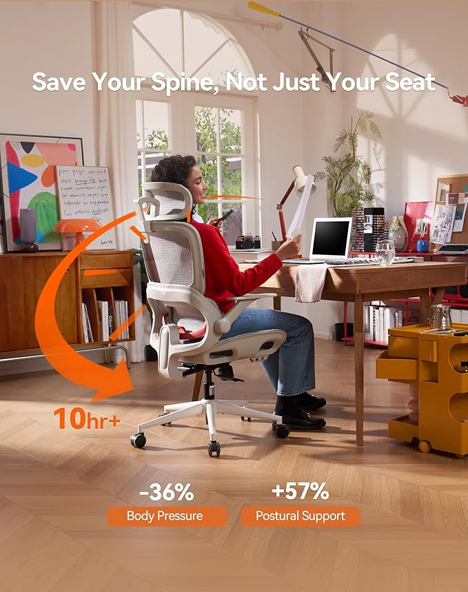 SIHOO B100 Office Chair, Ergonomic Office Chair Without Footrest, Computer Chair with Wide Headrest & Adaptive Lumbar Support, Flip-up Armrests, Swivel Desk Chair for Long Hours, Grey