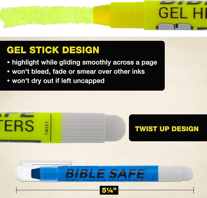 U.S. Office Supply Bible Safe Highlighter Set of 6 Bright Flouresent Colors, Dry Bible Highlighters No Bleed, Fade or Smear, Safe Gel Markers, Accessories, Study Guide