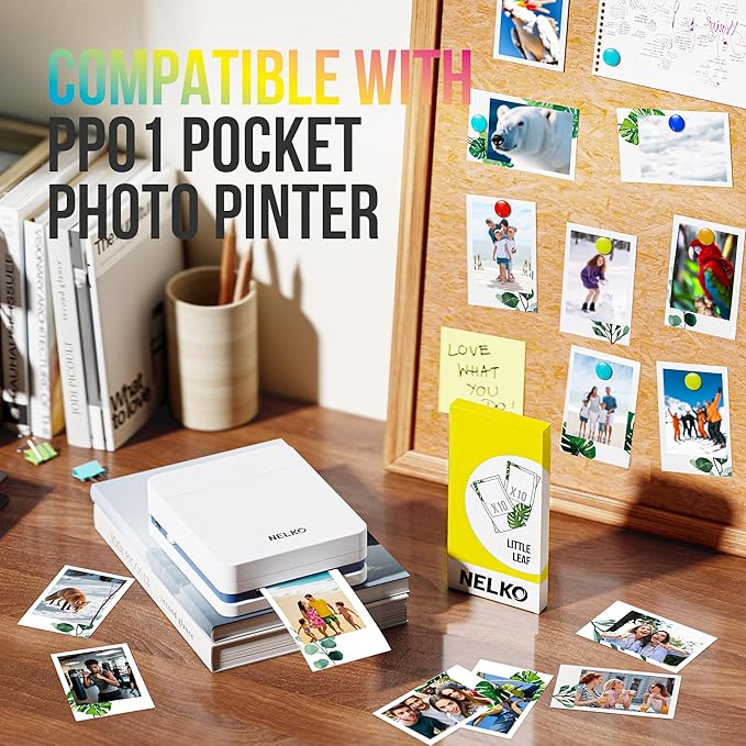 Nelko 52.3x90mm (2.06"x3.54") Premium Photo Paper, 20-Pack Genuine PP01 Pocket Printer Paper, Sticky Back Picture Paper, Compatible with Nelko PP01 Photo Printer, Easy to Peel Off, Little Leaf
