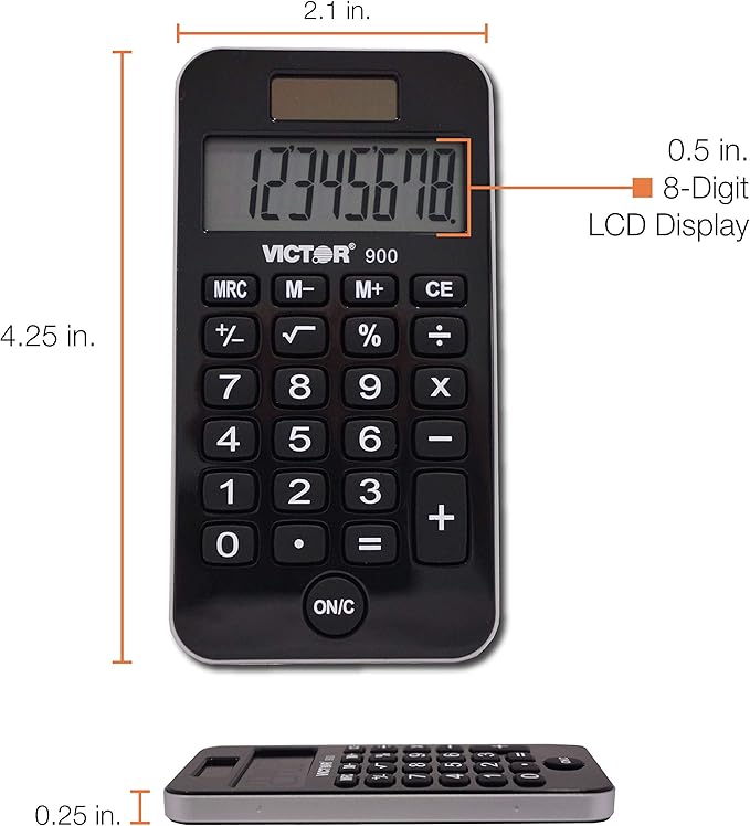 Victor 900 8-Digit Standard Function Calculator with Hard Protective Cover, Solar and Battery LCD Display, Small Pocket Calculator for Students and Professionals, Black, 0.3" x 2.5" x 4.3"