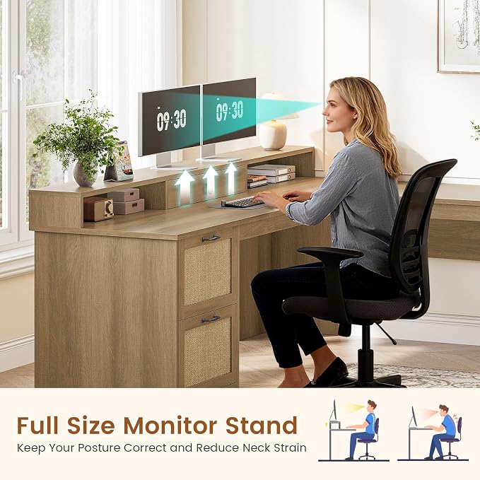 SEDETA Farmhouse 63" L Shaped Desk with Drawers and Storage Cabinet,Oak | Office Desk with File Drawers, Wood Corner Computer Desk with Storage, Home Office Desk with Monitor Stand