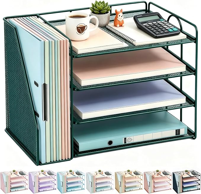 gianotter 4-Tier Paper Organizer With Magazine Holder | Desk Organizers and Accessories, File Organizer for Office Supplies Storag (Green, 4-Tier)