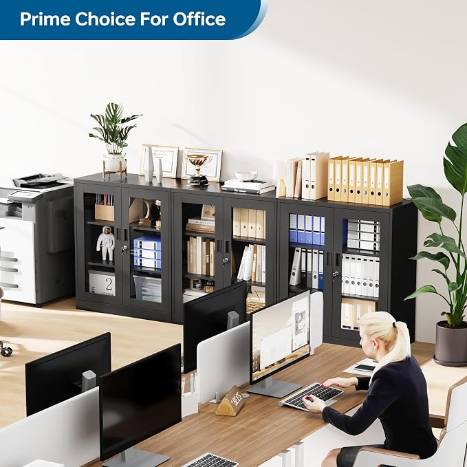 PEUKC Storage Cabinet with 2 Adjustable Shelves, 35.4 Inches Metal Curio Display Cabinet with 2 Acrylic Doors, Locking Glass Display Case for Home, Office, Pantry, Assemble Required (Black)
