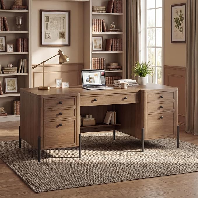 63" W x 27.6" D Executive Desk with 2 Cabinets & 6 Drawers, Farmhouse Home Office Desks with Keyboard Tray, Large Boss Desk with Privacy Panel, Modern Table with Open Shelf and File Drawer