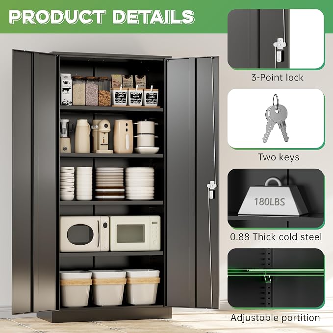 72-Inch Metal Storage Cabinet for Garage, Lockable Steel Cabinet with Doors and Adjustable Shelves, Black Locking Storage Unit for Office, Home, Gym, and School.