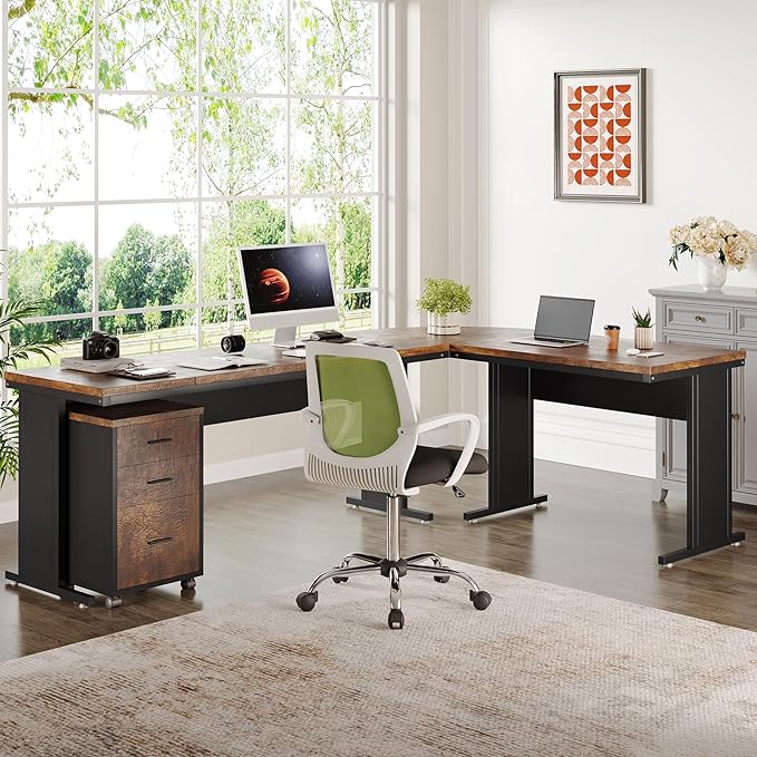Tribesigns 83" L-Shaped Executive Desk, Large Office Desk with Drawers, Industrial Corner Computer Table with Rolling File Cabinet, Business Workstation for Home Office (Brown, 83 Inches)