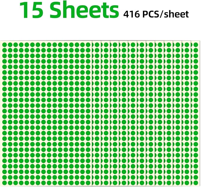 1/4" Small Colored Dot Stickers 6240 PCS Round Circle Stickers Tiny Green Coding Labels Mini Sticker for Office,Classroom (Green, 1/4" (6 mm))