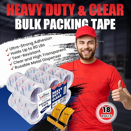 Heavy Duty Packing Tape with Dispenser, Strong HD Clear Packaging Tape, 18 Rolls 1.88 in. x 60 yd. x 2.7MiL, Secure Sealing for Cardboard Moving Boxes Shipping Supplies