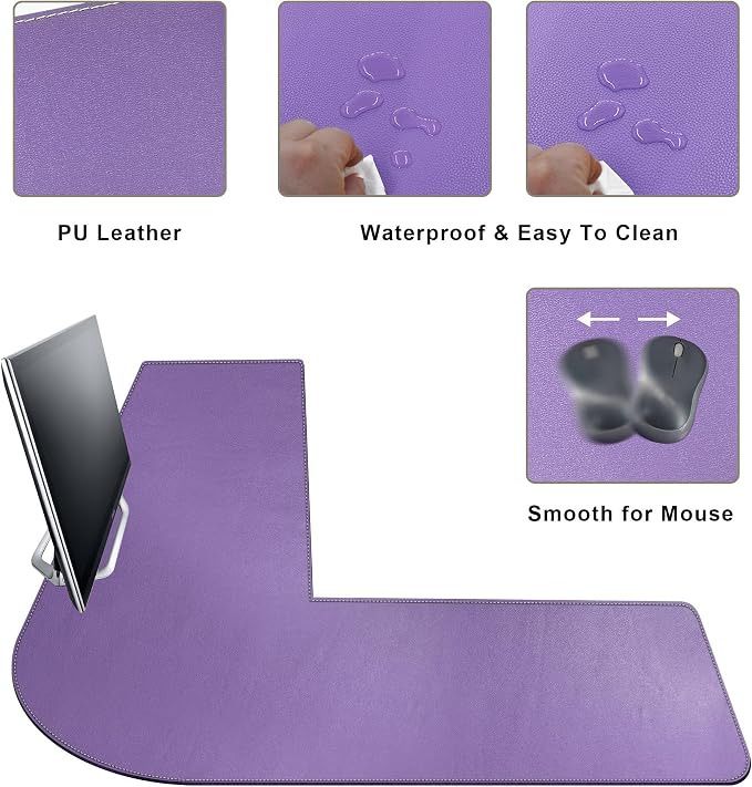 Mydours L-Shape Desk Mat, 46"x46" x 16" Large PU Leather Corner Pad, Purple | XXL Extra Large Waterproof Gaming Mouse Pad, L-Corner Desk Mat Blotter, Desktop Protector for Computer Keyboard Home Office