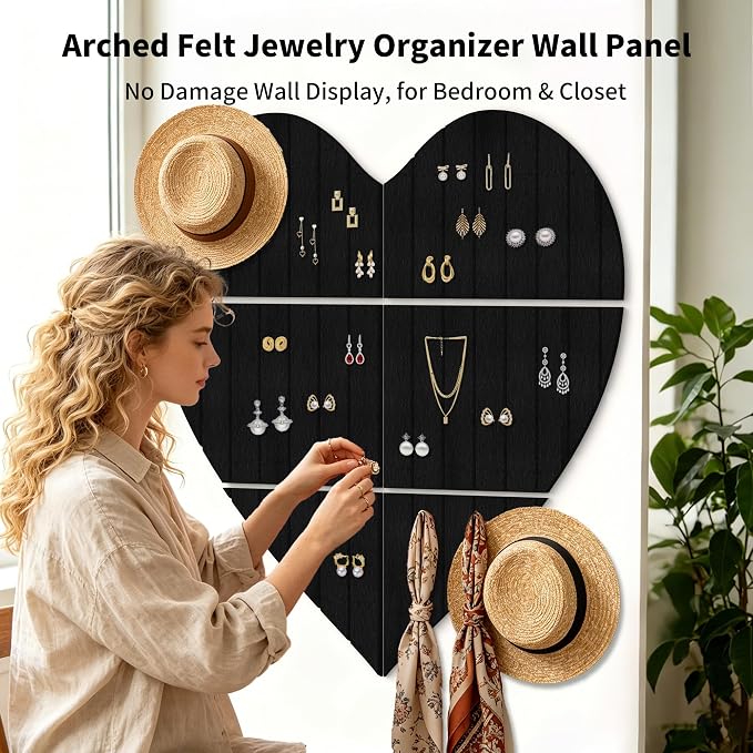 Heart Shaped Felt Bulletin Board 29"x29", 6 Tiles Wall Decor, Black | Photo Display Memo Board for Office Home, Felt Pin Board with Adhesive Tiles and Pins for Notes, Photos and Artwork