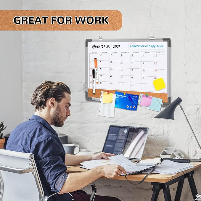 Monthly Calendar Whiteboard for Wall, Dry Erase Board with Cork Board Combo | 17"x13" Small Magnetic White Board, Double-Sided Hanging Board for Office Home, Portable Board for Planner Memo