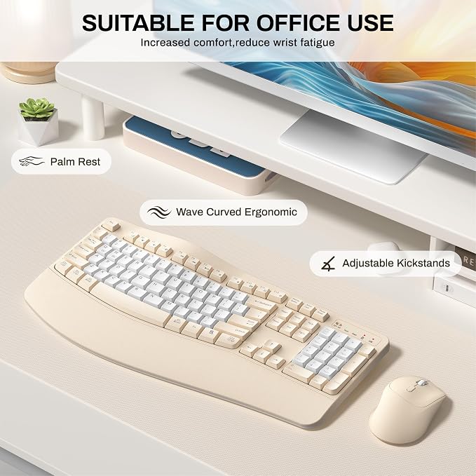 Wireless Keyboard and Mouse Combo,2.4G Ergonomic Wave Keys(Latte Color-B) | Full Size Cordless Keyboard with Wrist Rest,3-Level DPI Ergonomic Mouse for Office and Home,Windows/Mac OS/Desktop/Laptop/PC