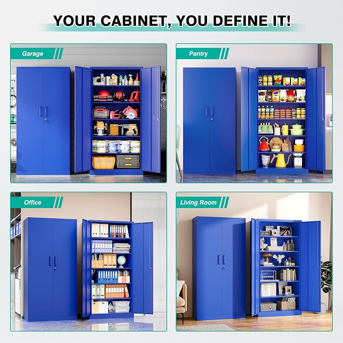 Blue Metal Storage Cabinet with 6 Shelves,71" Garage Storage Cabinet with Lock,6 Tier Steel Cabinets with Locking Doors,Lockable Cabinets for Home,Office,Shop,Garage