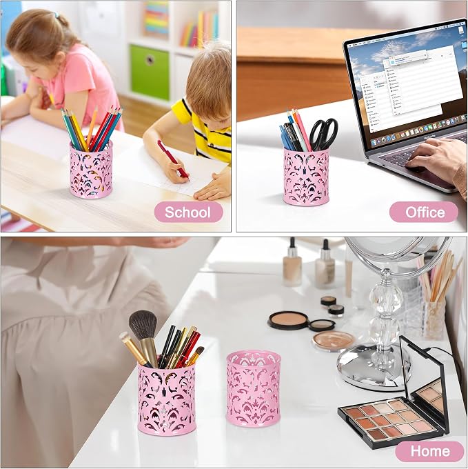 EasyPAG Pink Pen Holder for Desk, 2 Pack Round Pen Organizer, Brush Holder for Vanity, Metal Pencil Cup Organizer for Home, Office, Classroom, School