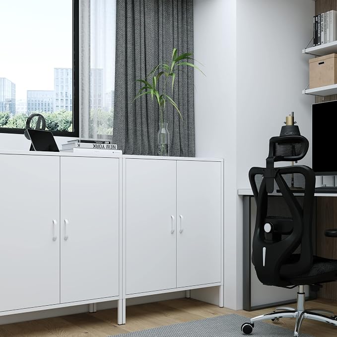 Washsemba Metal Storage Cabinet with Doors and Shelves,Multipurpose Storage Rack, 3-Tier Shelf,Metal Locker Style Accent Cabinet for Home Office,Living Room,Kitchen(White, 40''H)