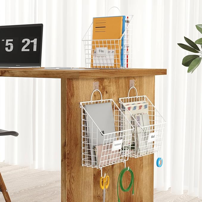 4 Packs Hanging Wall File Organizer with Hooks, Magazine Rack ,Mail Basket | Mesh Wall Mounted File Holder with Handles, Home Office Organization for Papers Folder Files, No Assembly Required, White