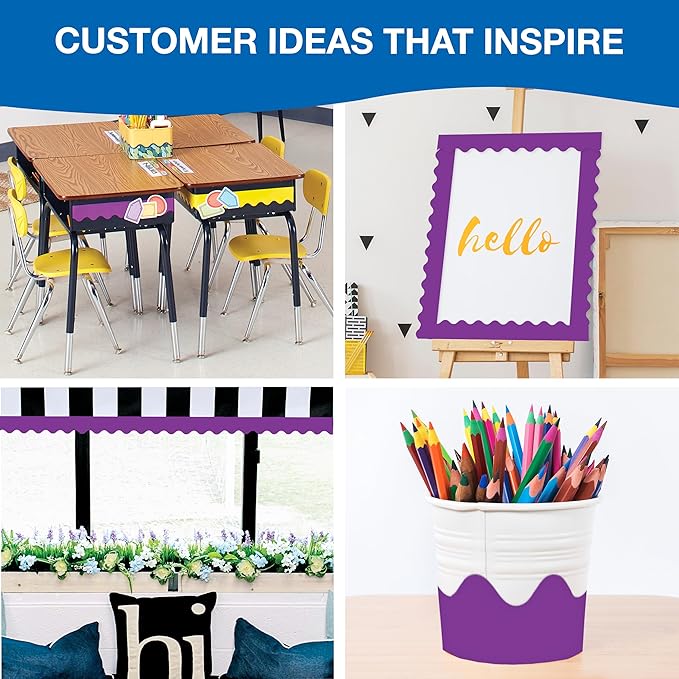 Carson Dellosa Education 65Ft of Purple Bulletin Board Borders, 1 Roll of Scalloped Trim for Rolling Whiteboard, Cork and Posterboard, Party, Office Decorations, and Classroom Decor