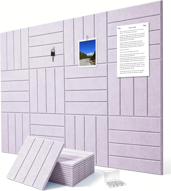0.47" Thick Felt Wall Tiles 48"x36" Cork Board Alternative 12 Pack 11.81"x11.81"Felt Bulletin Board Pin Board with Removable Adhesive tape&60 Pushpins for Home Office School(Bold-light purple)