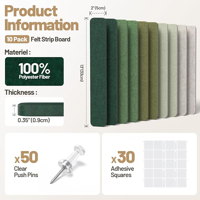 10 Pack 13"x2" Cork Board Strip with Removable Adhesive Squares & Push Pins | Pin Board Alternative Felt Strip Bulletin Board, Felt Board for Photo & Note Display, Home Office Decor - Nordic Moss