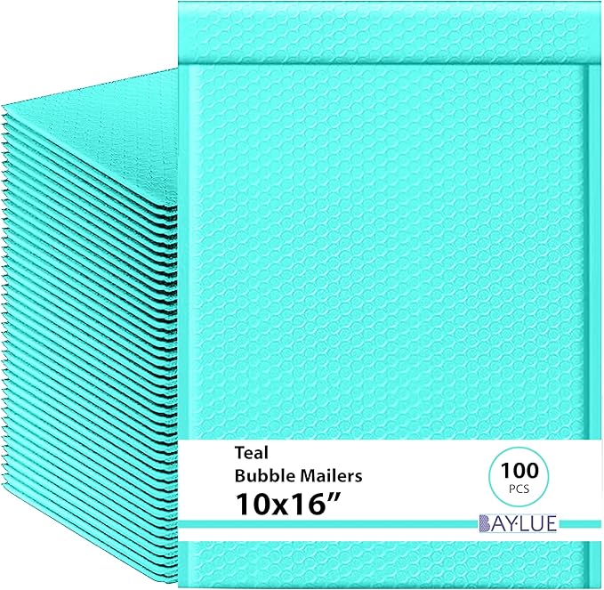 Teal 10.5x16 Inch Poly Bubble Mailers #5 | Self Seal Large Padded Envelopes | Air Cushioned Bubble Mailer | Usable Size 10.5x15 Inch | Waterproof Lightweight Mailing Shipping Bags | 100 Pack Bulk